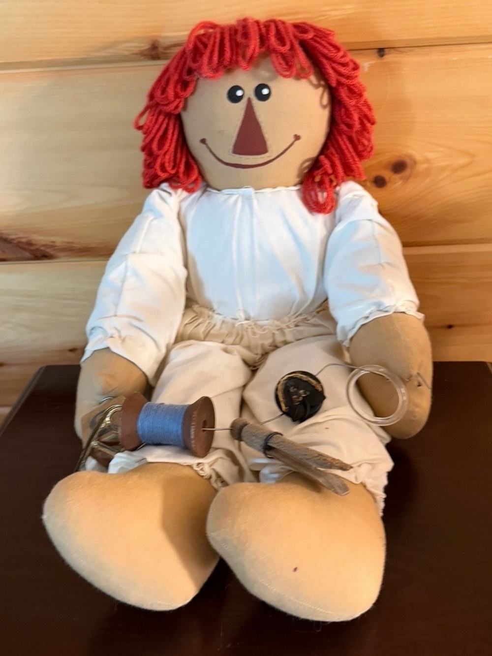 Handmade Rag Doll Toy with Red Yarn Hair -Raggedy Ann style primitive style